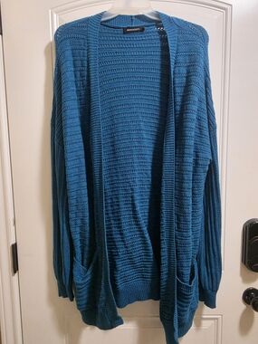 Merokeety Teal Open Front Cardigan 2XL Textured Knit Pockets.